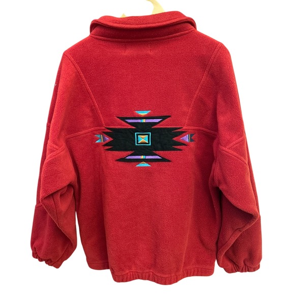 Vintage 90s SDI Red Fleece Jacket Southwest Aztec Geometric Made Taiwan Pullover - Picture 1 of 6